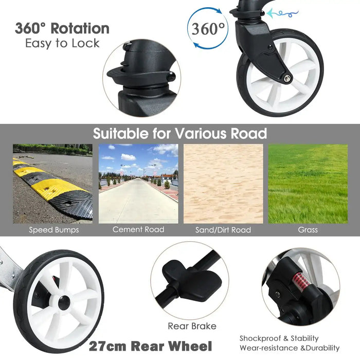 Product features including 360-degree rotation, easy locking mechanism, suitability for various road types, rear brake, and durability on a white background.