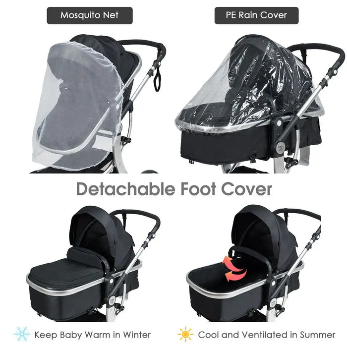 Collection of baby stroller accessories including a mosquito net, PE rain cover, and detachable foot cover on a white background.