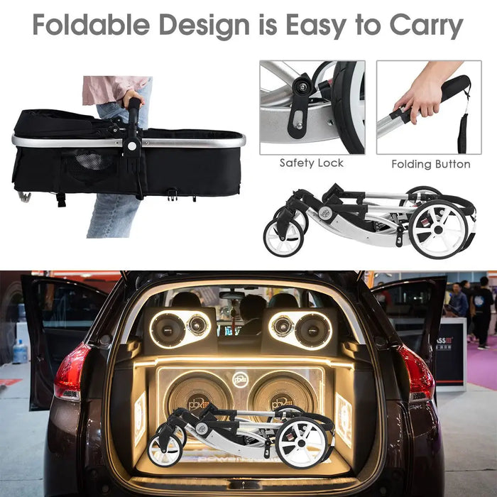 Foldable baby stroller with safety lock and folding button features, shown in a car trunk.