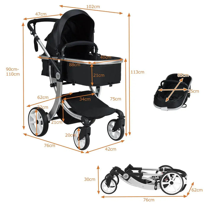 Measurement chart of a black and silver stroller with all dimensions labeled.