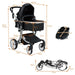 Measurement chart of a black and silver stroller with all dimensions labeled.
