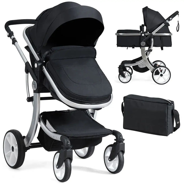 Black and silver stroller with accessories on a white background