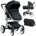 Black and silver stroller with accessories on a white background