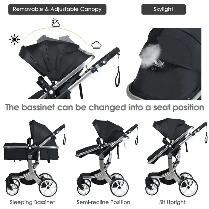 Black baby stroller with various positions and features highlighted