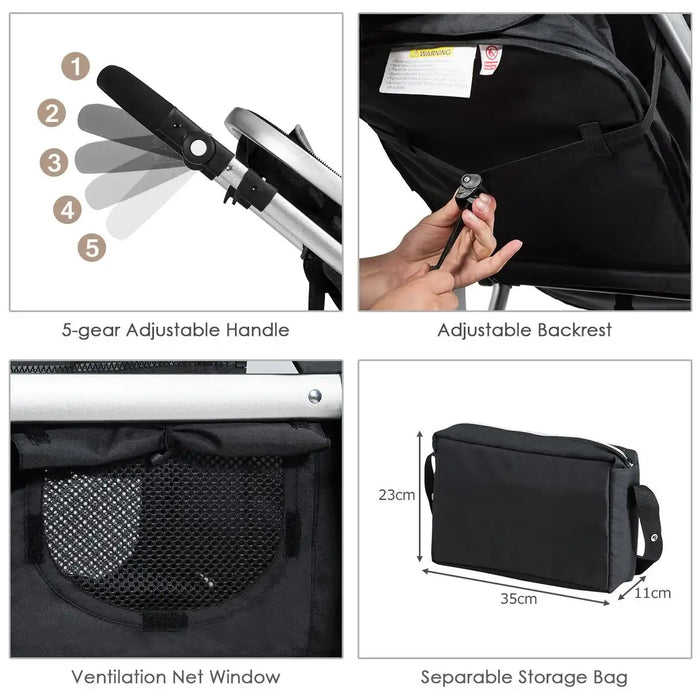 Black stroller with adjustable handle, backrest, and storage bag, featuring measurements.