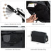 Black stroller with adjustable handle, backrest, and storage bag, featuring measurements.