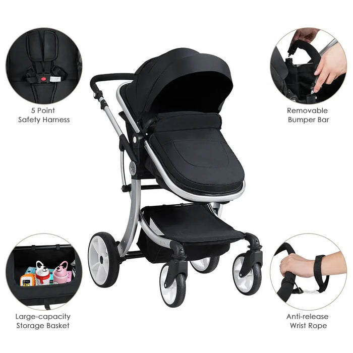 Black stroller with features highlighted on a white background