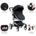 Black stroller with features highlighted on a white background