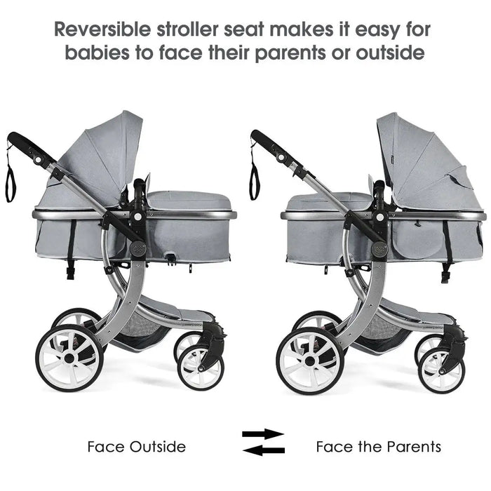 Gray reversible stroller showing two configurations on a white background.
