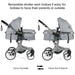 Gray reversible stroller showing two configurations on a white background.