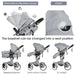Baby stroller with various positions and features highlighted on a white background