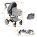 Measurement chart of a gray baby stroller with dimensions labeled