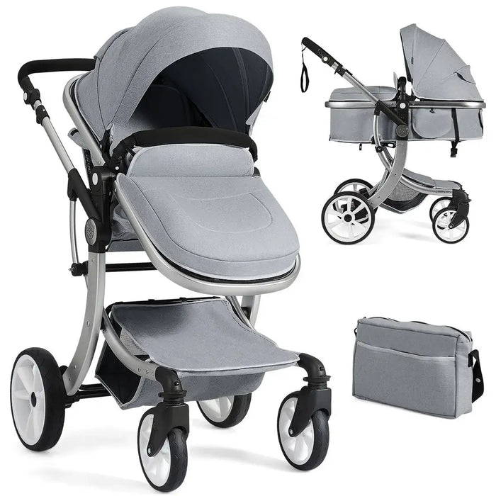 Gray baby stroller with accessories on a white background