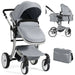 Gray baby stroller with accessories on a white background