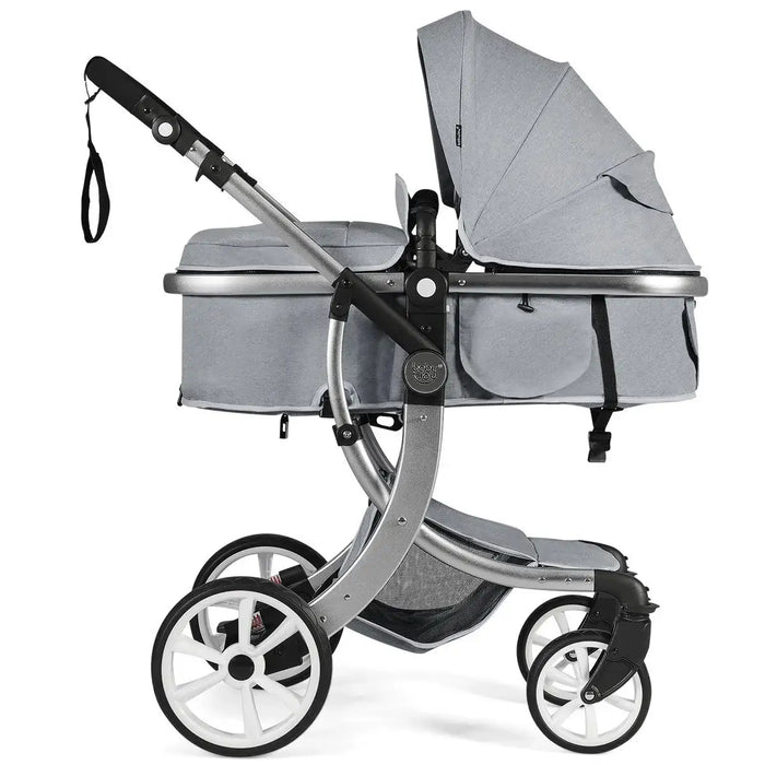 Gray baby stroller with canopy on a white background