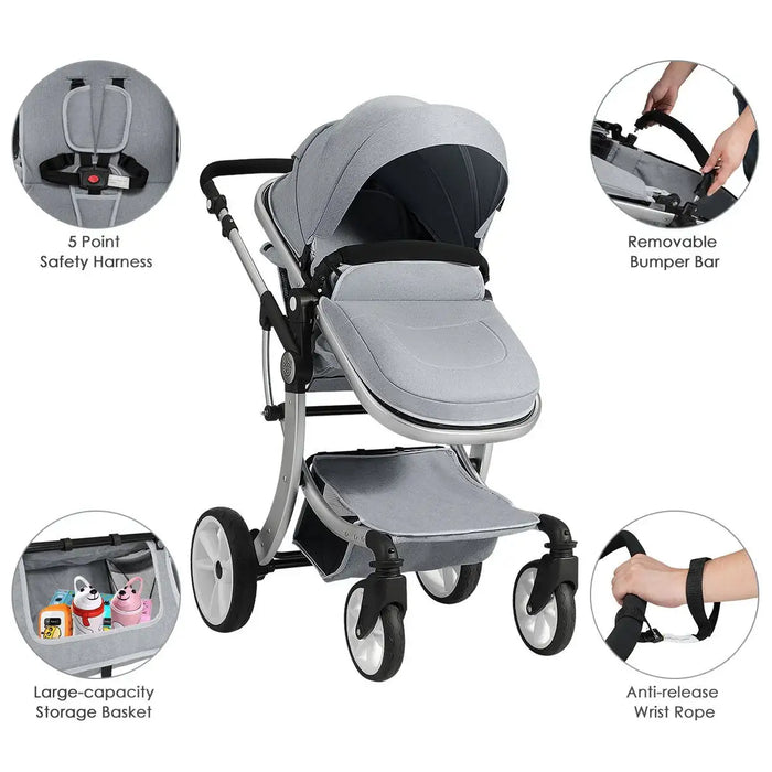 Gray stroller with features highlighted on a white background
