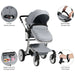 Gray stroller with features highlighted on a white background