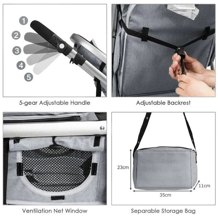 Product features of a stroller with adjustable handle, backrest, ventilation net window, and separable storage bag.