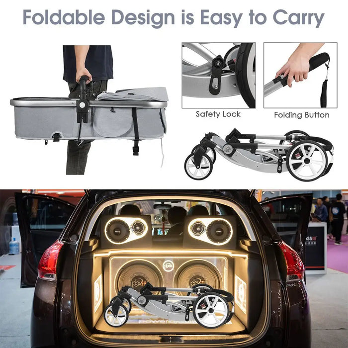 Foldable baby stroller with safety lock and folding button features, shown in use and stored in a car trunk.