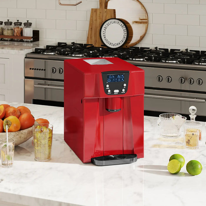 Red coffee machine on a kitchen counter with fruit and kitchen appliances in the background