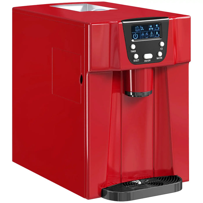 Red water dispenser with digital display on a white background