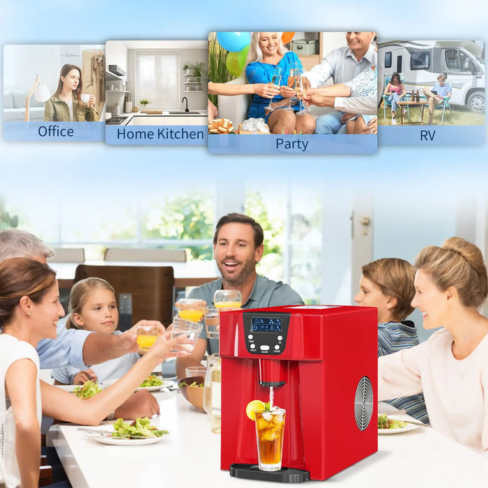 Red countertop machine with drinks being served, surrounded by people in various settings.
