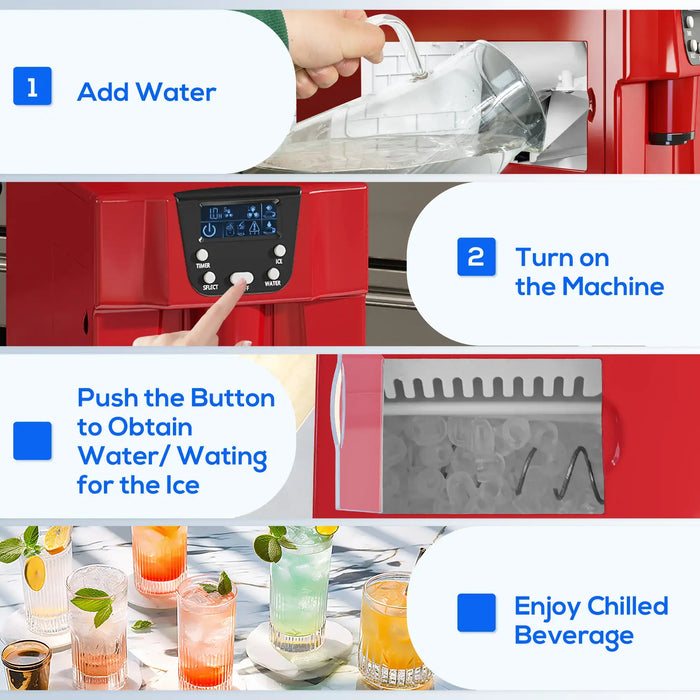 Step-by-step guide on using a red ice machine with text instructions.