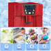 Red ice maker with images of drinks, seafood, fruit smoothies, and emergency ice on a blue background.