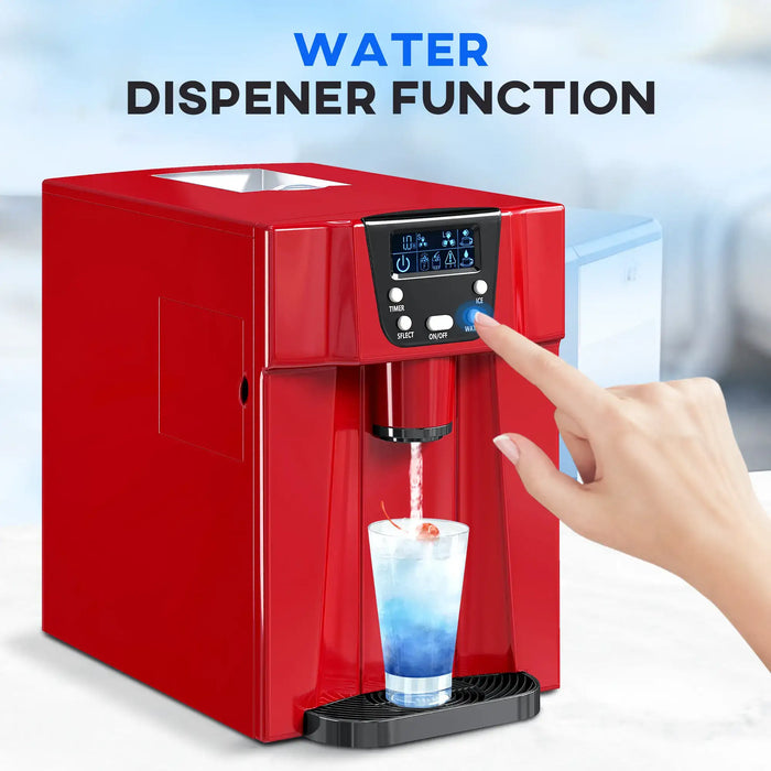 Red water dispenser with a hand pressing a button and a glass of water being dispensed.
