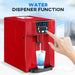 Red water dispenser with a hand pressing a button and a glass of water being dispensed.