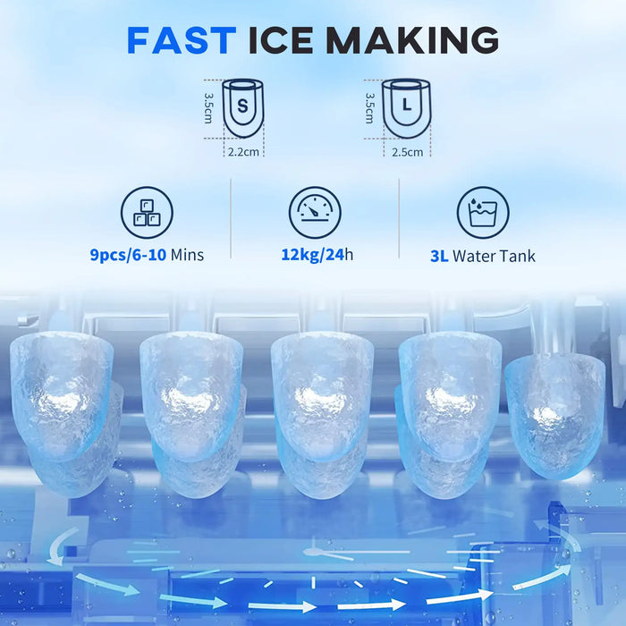 Ice maker with text indicating fast ice making capabilities and product features.