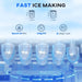 Ice maker with text indicating fast ice making capabilities and product features.