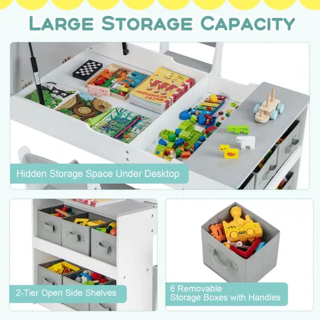 2-in-1 Kids Art Table and Easel Set - Grey | Liftable Tabletop - Hydraulic Rod and Built-In Easel COSTWAY - Little and Giant Explorers Costway