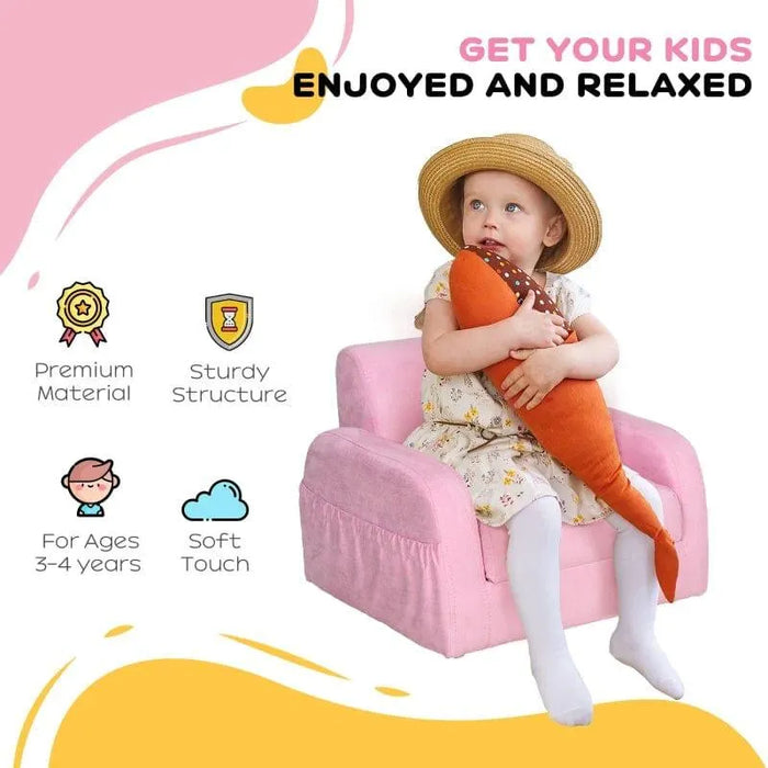 Toddler girl in floral dress and hat on pink 2-in-1 kids chair, hugging carrot plush; sofa bed features listed.