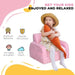 Toddler girl in floral dress and hat on pink 2-in-1 kids chair, hugging carrot plush; sofa bed features listed.