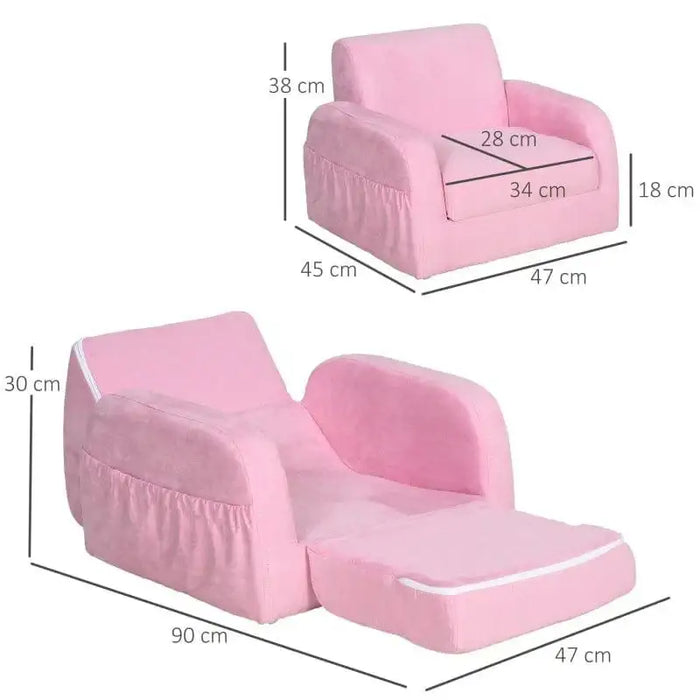 Pink 2-in-1 kids chair convertible to sofa bed, HOMCOM, armchair with size measurements