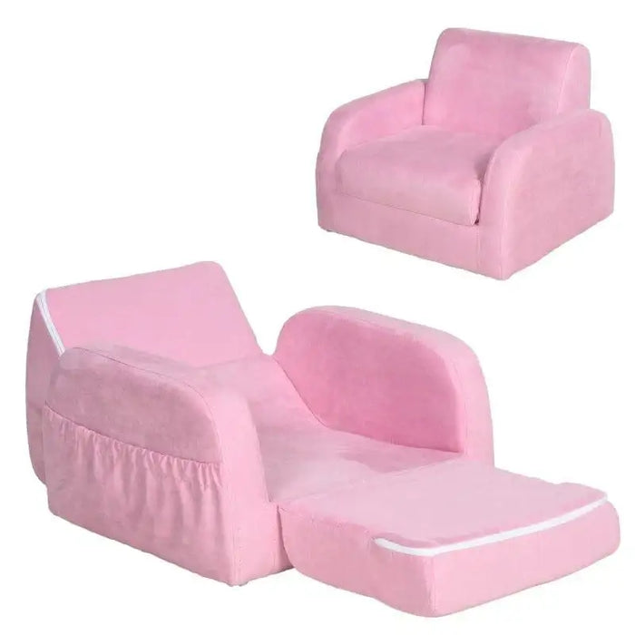 Pink 2-in-1 kids chair convertible to sofa bed with soft upholstery, shown folded and extended