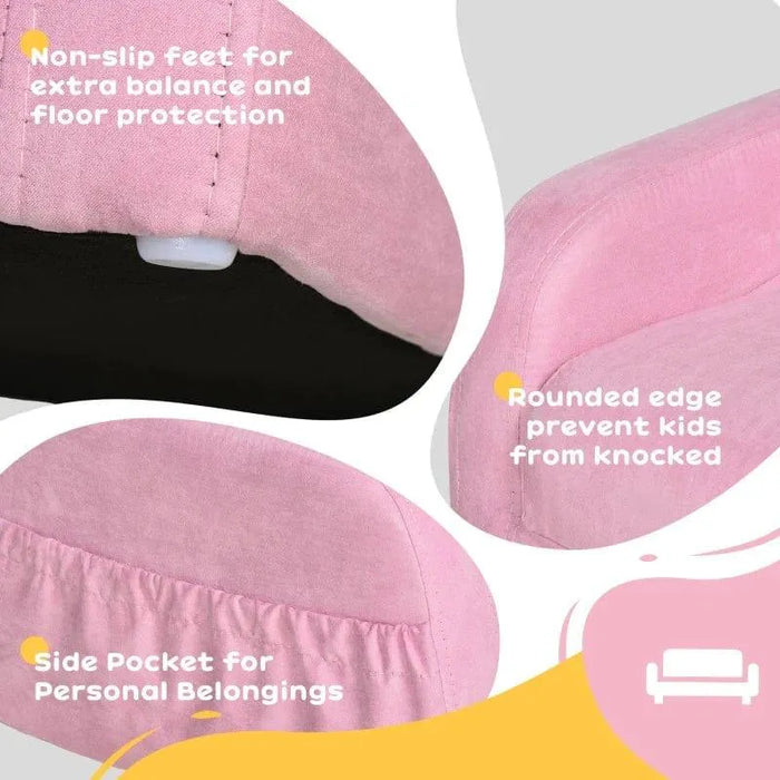 Pink 2-in-1 kids chair with non-slip feet, rounded edges, and side pocket features