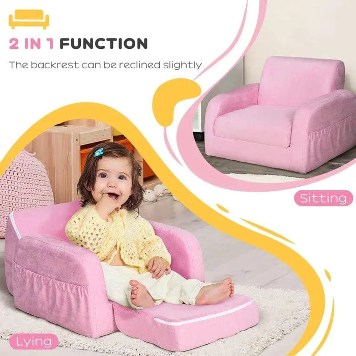 Pink 2-in-1 kids convertible chair and sofa bed with toddler, showing sitting and lying modes