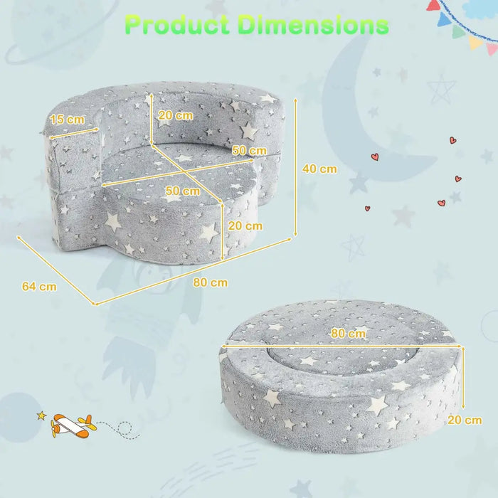 2-in-1 Kids Convertible Sofa – Grey Glow-in-the-Dark | Foldable Cushion Seat COSTWAY - Little and Giant Explorers Costway