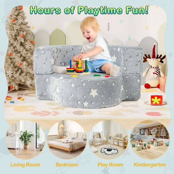 2-in-1 Kids Convertible Sofa – Grey Glow-in-the-Dark | Foldable Cushion Seat COSTWAY - Little and Giant Explorers Costway