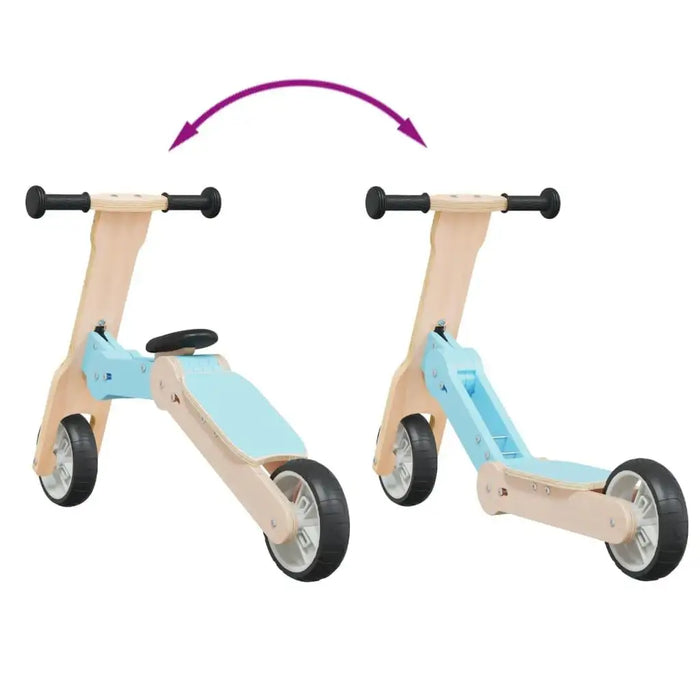 2-in-1 kids scooter and balance bike, light blue and black, convertible wooden frame