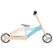 2-in-1 kids scooter and balance bike in light blue and natural wood with black wheels