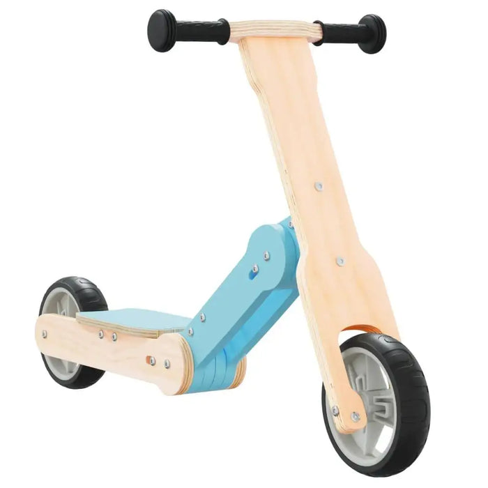 2-in-1 kids scooter and balance bike in light blue and natural wood with black wheels