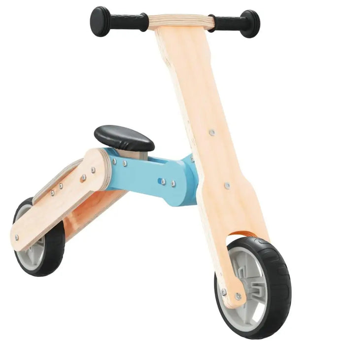 2-in-1 kids scooter and balance bike in light blue and black with convertible wooden frame