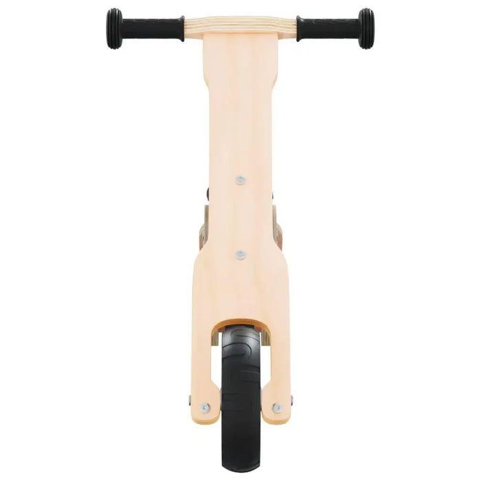 Front view of a wooden kids' balance bike with black handlebars and wheel