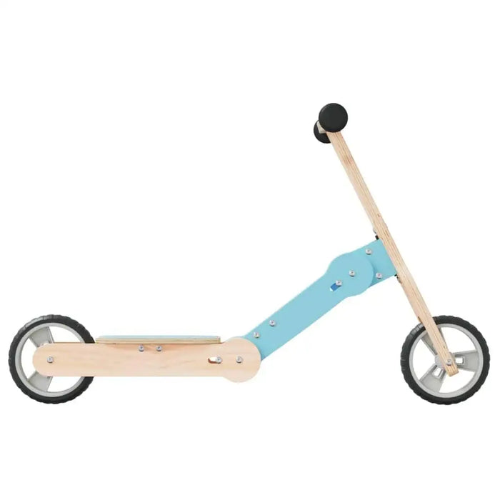 Light blue and wood 2-in-1 kids scooter and balance bike with black wheels