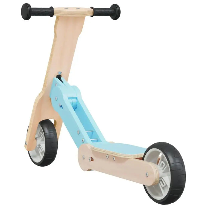 2-in-1 kids scooter and balance bike in light blue and natural wood with black wheels