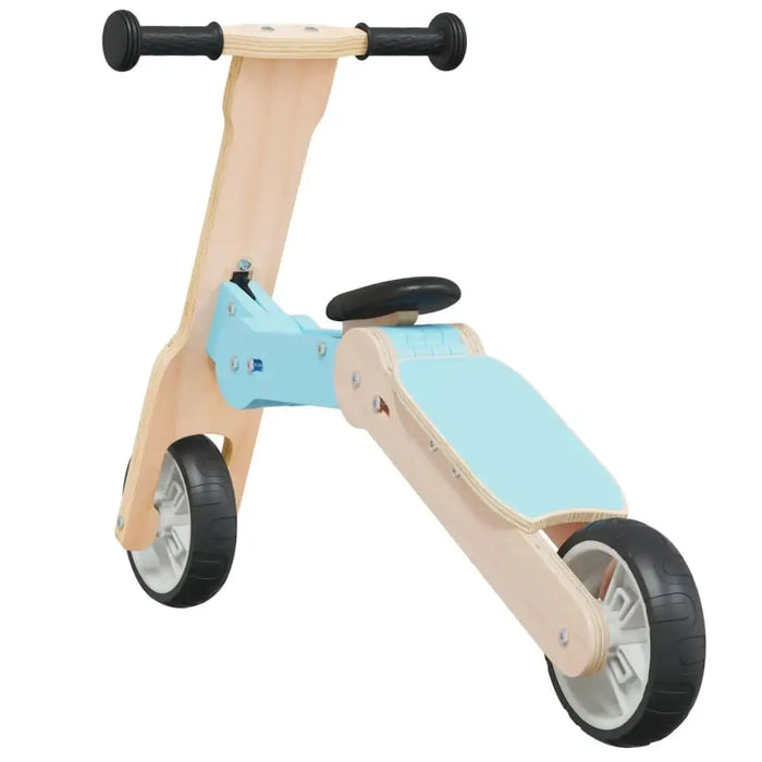 2-in-1 kids scooter and balance bike, light blue and wood, convertible design, three wheels