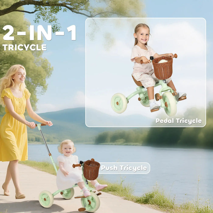 2-in-1 Kids Tricycle – Green and Brown Toddler Trike | Push Handle and Wicker Basket AIYAPLAY - Little and Giant Explorers AIYAPLAY